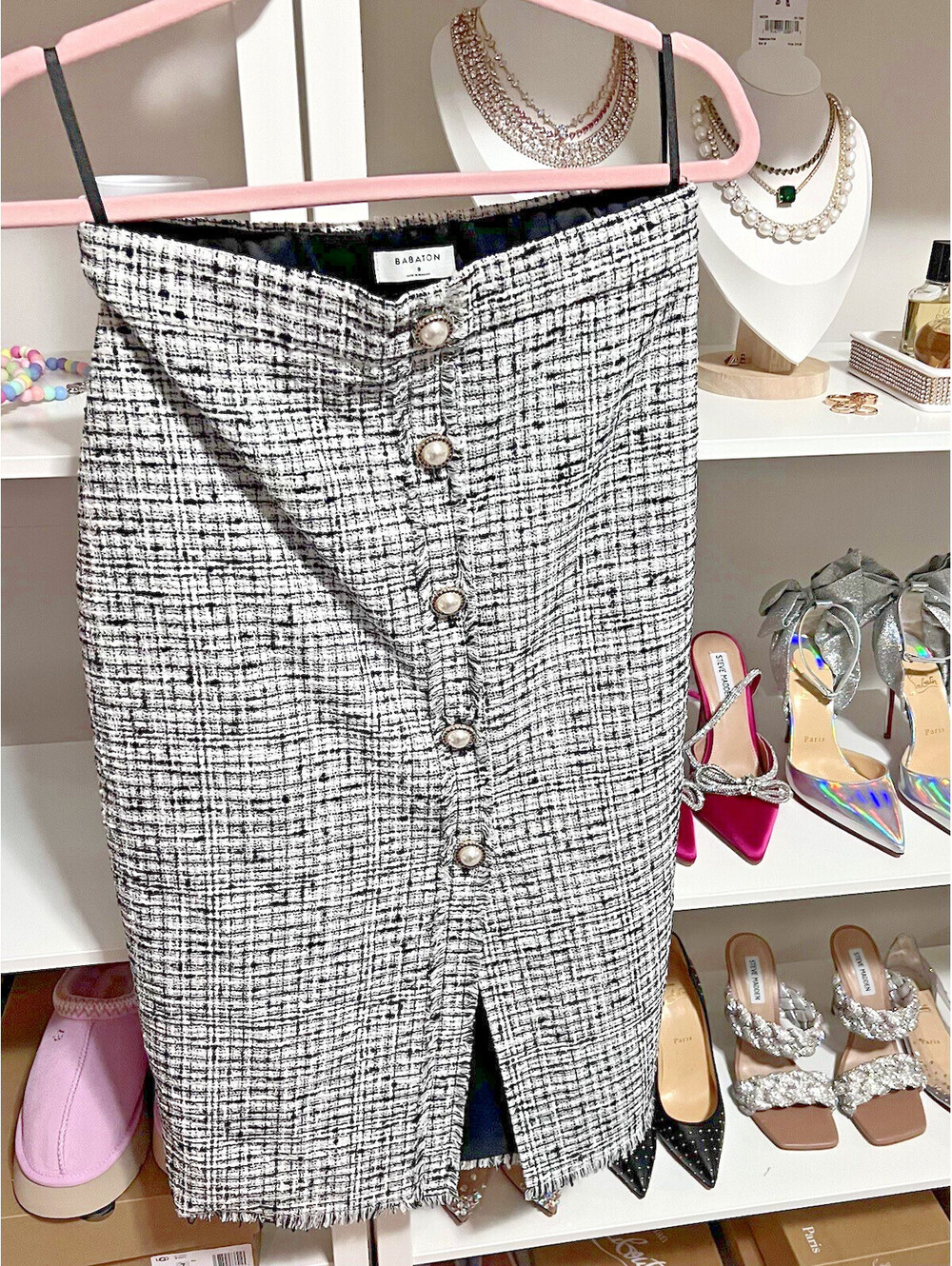 $148 NWOT Aritzia Babaton Times Tweed Designer Inspired Pearl Skirt - Size 8